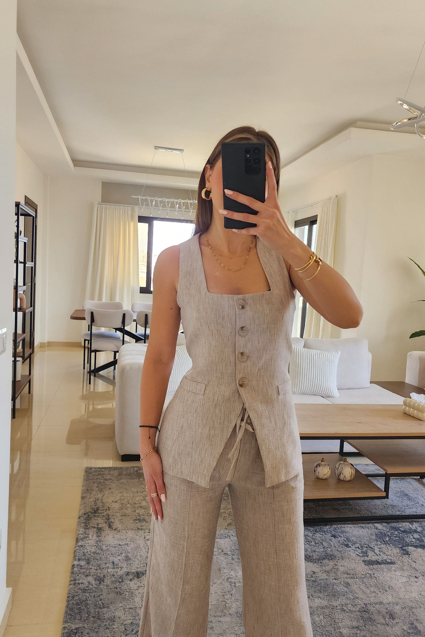 Beige Linen Vest & Pants Set