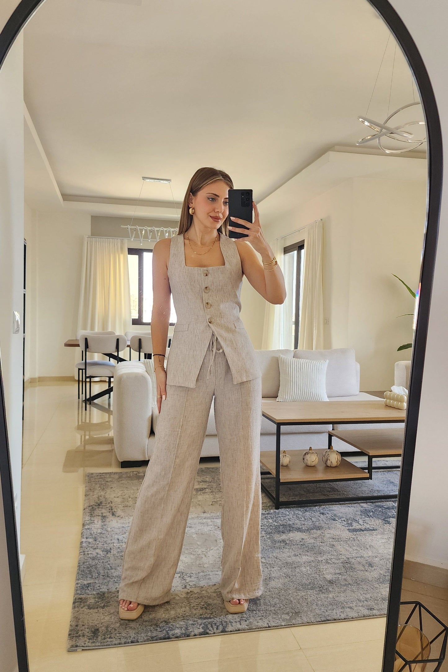 Beige Linen Vest & Pants Set
