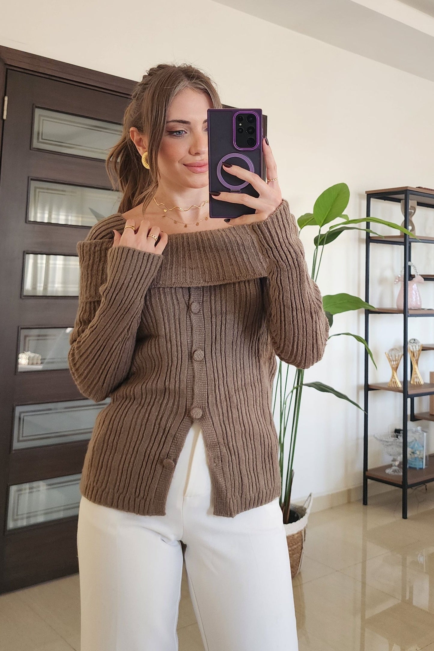 Mocha Off-Shoulder Knit