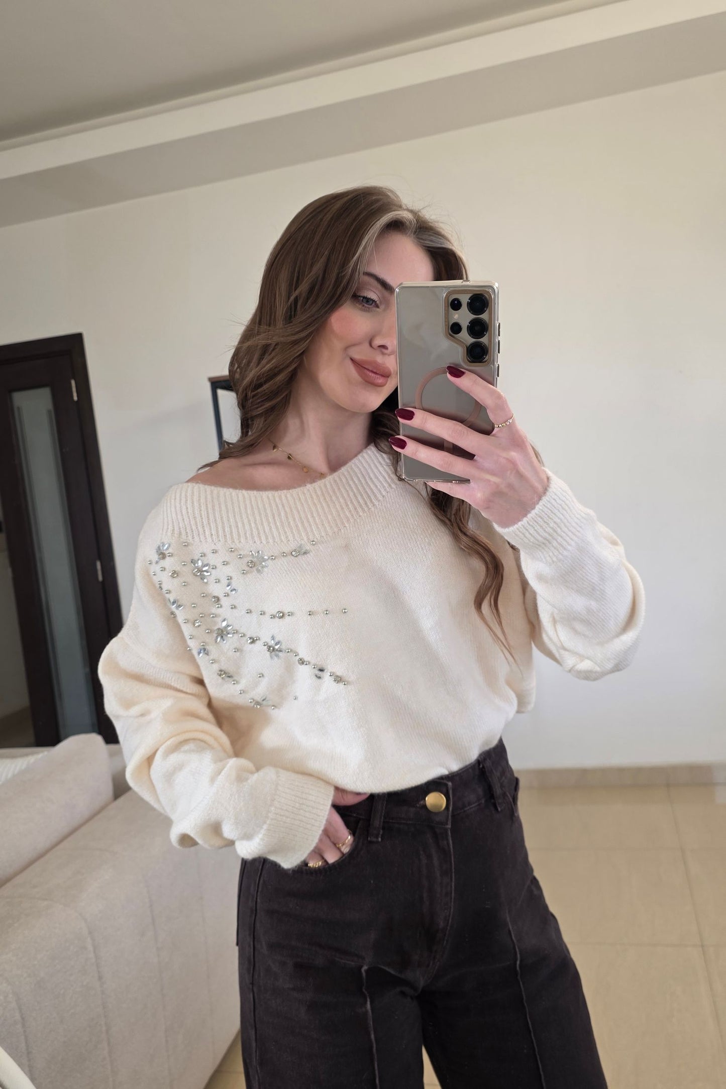 Elara Embellished Sweater – Soft Ivory