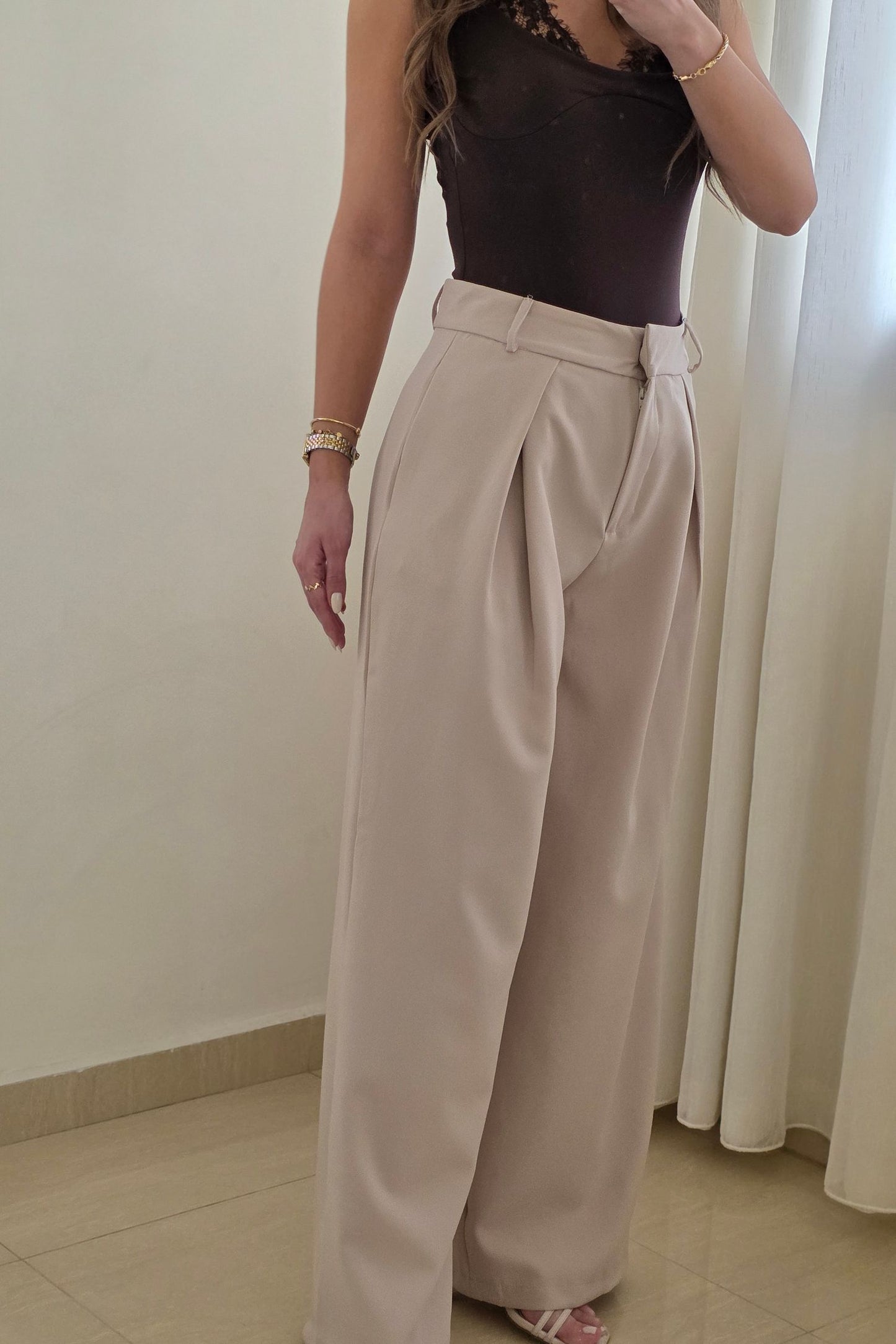 Elina Wide Leg Pants – Beige