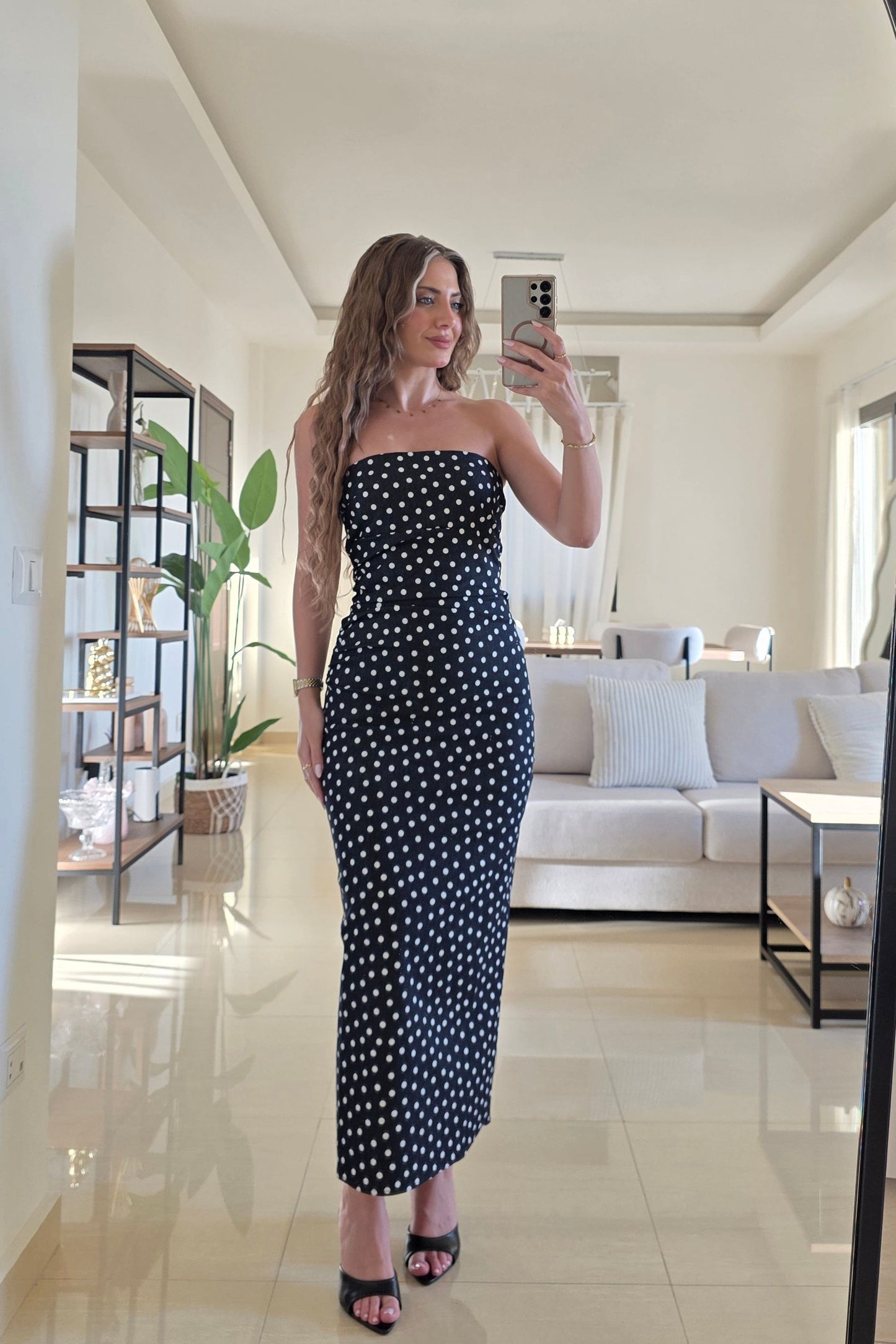 Daphne Denim Polka Dots Midi Dress