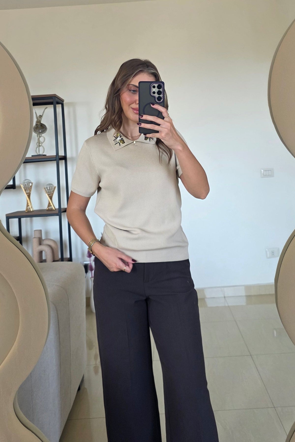 Coco Bee Collar Knit Top – Beige