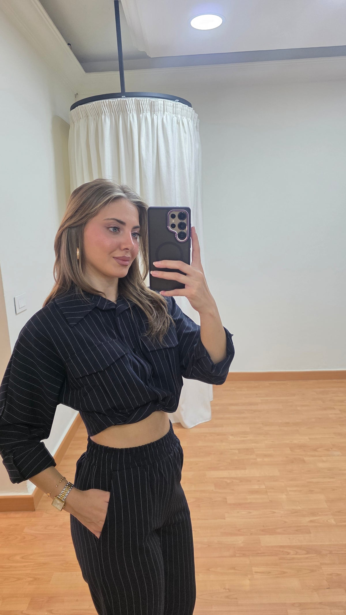 Eleanor Pinstripe Shirt and Pants Set - Navy
