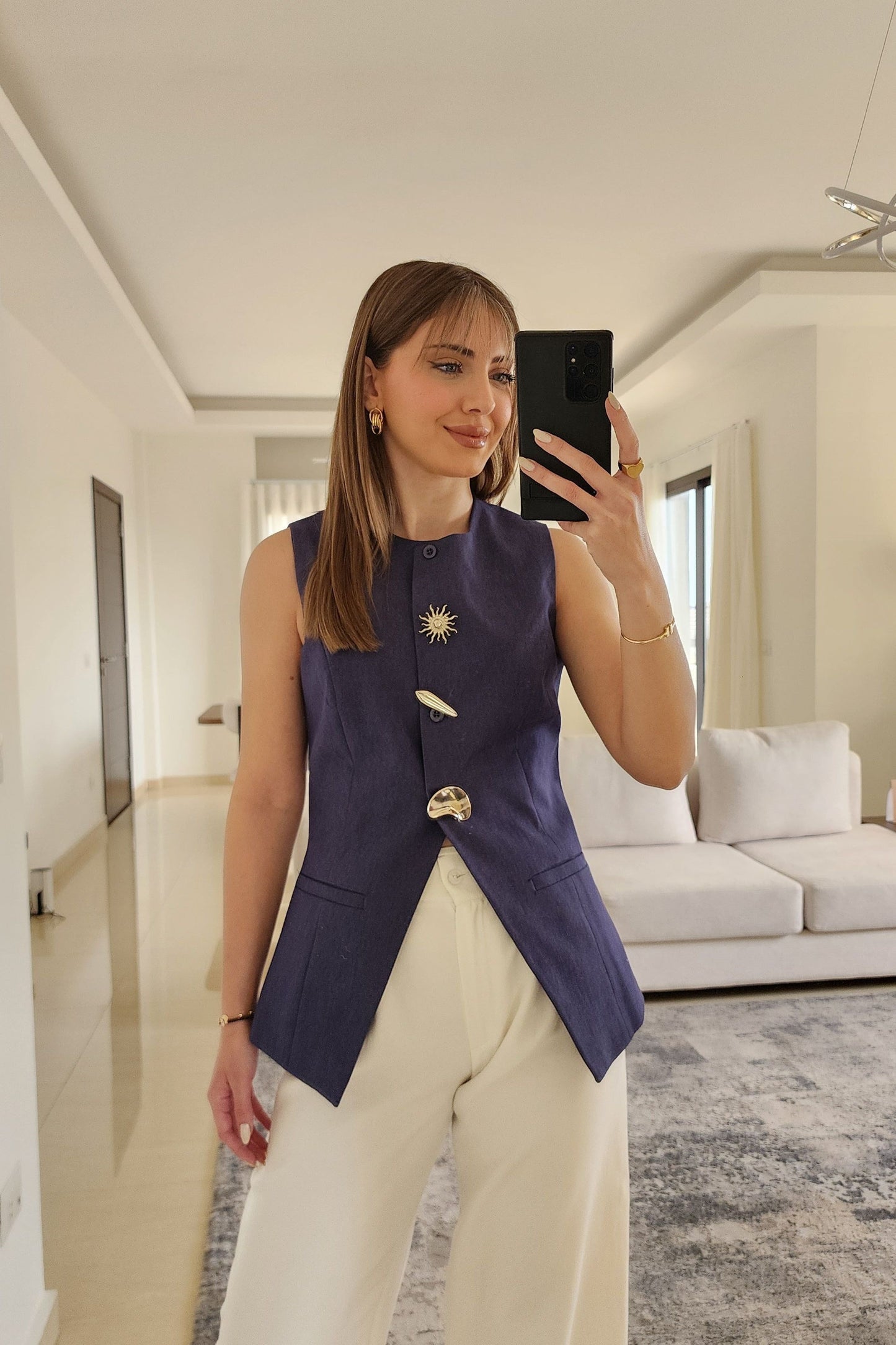 Tailored Button Vest - Navy Blue