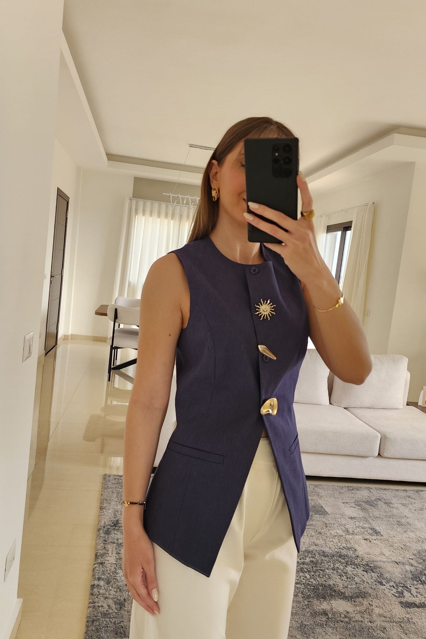 Tailored Button Vest - Navy Blue