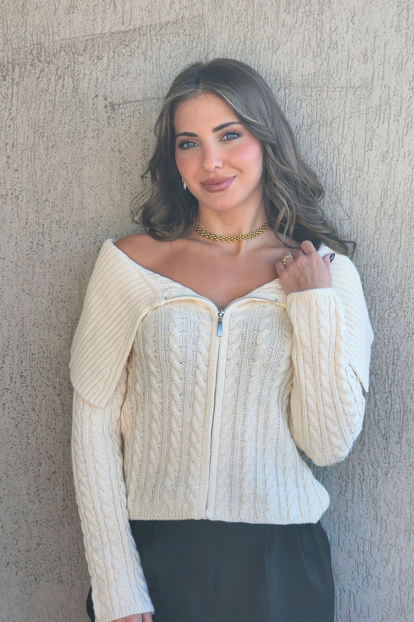 Aria Zip Sweater – White