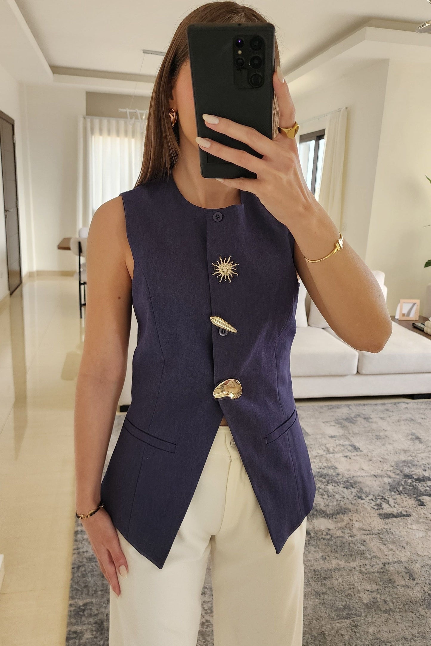 Tailored Button Vest - Navy Blue