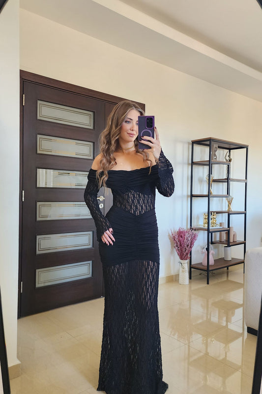 Luxe Lace Evening Dress – Black