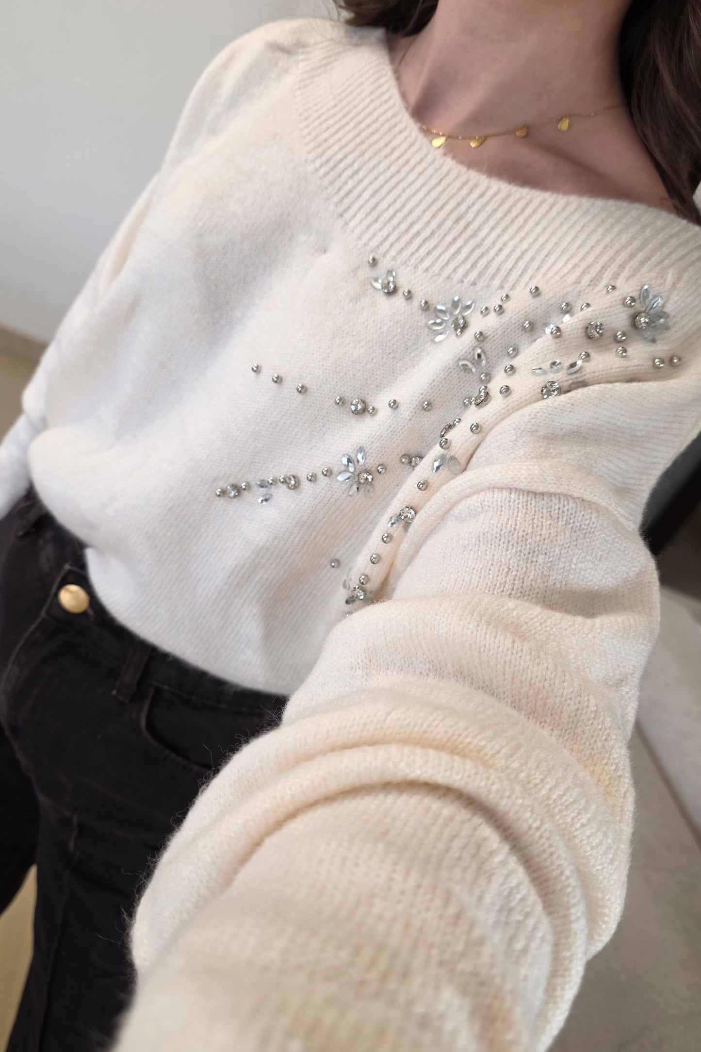 Elara Embellished Sweater – Soft Ivory