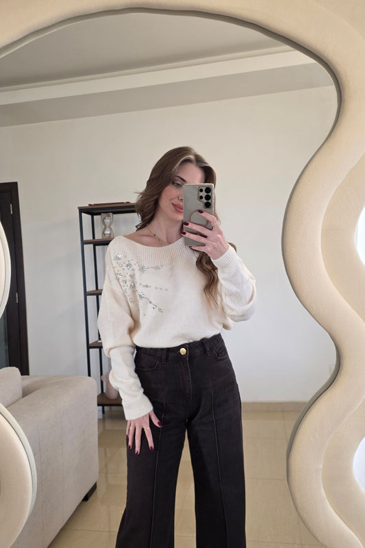 Elara Embellished Sweater – Soft Ivory