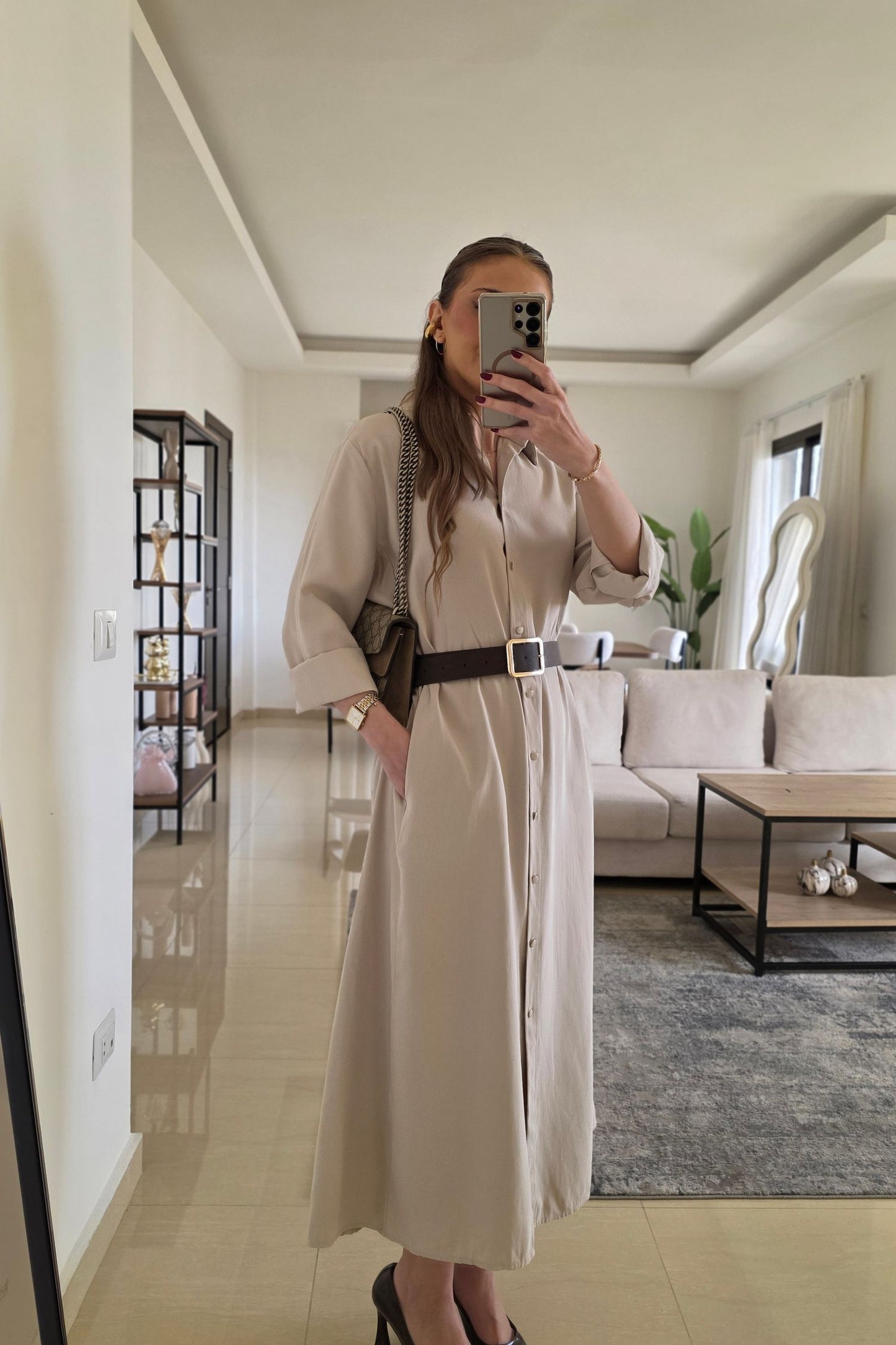 Elsy Midi Dress – Soft Beige