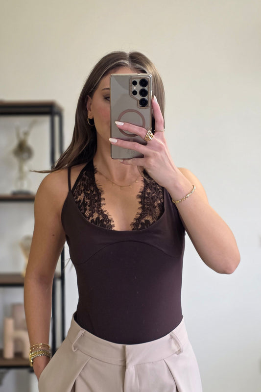 Naomi Lace Halter Bodysuit – Chocolate Brown