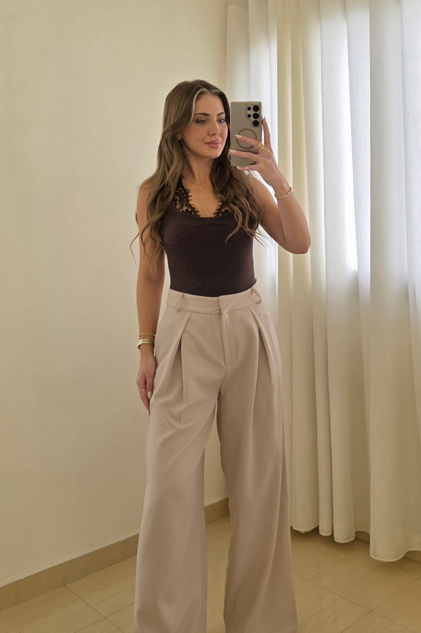 Elina Wide Leg Pants – Beige