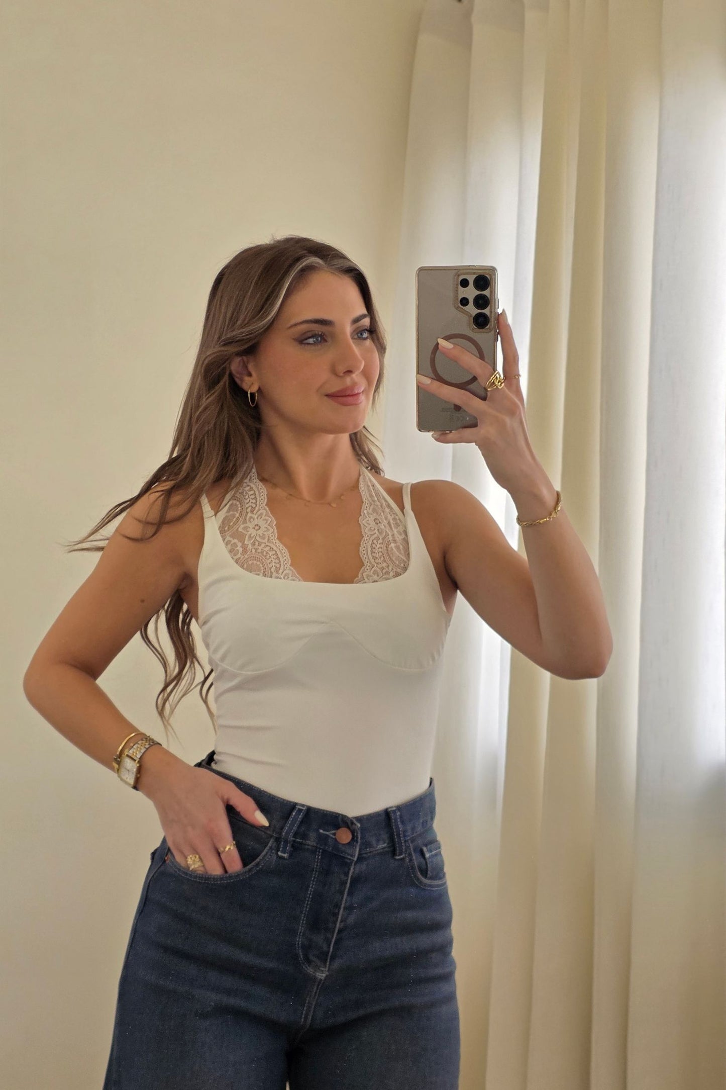 Naomi Lace Halter Bodysuit – White