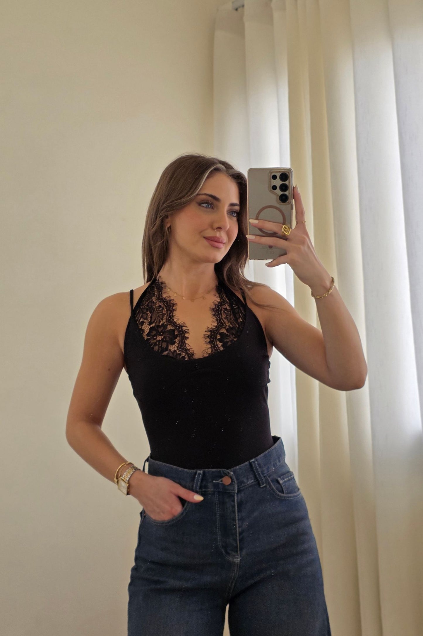 Naomi Lace Halter Bodysuit – Black