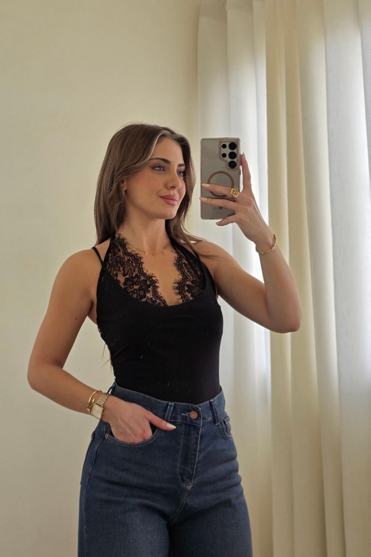 Naomi Lace Halter Bodysuit – Black