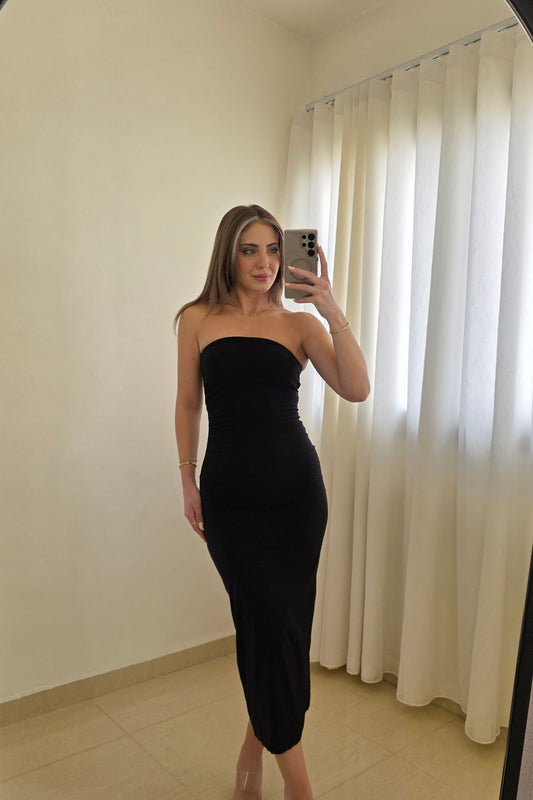 Kaia Strapless Midi Dress – Black