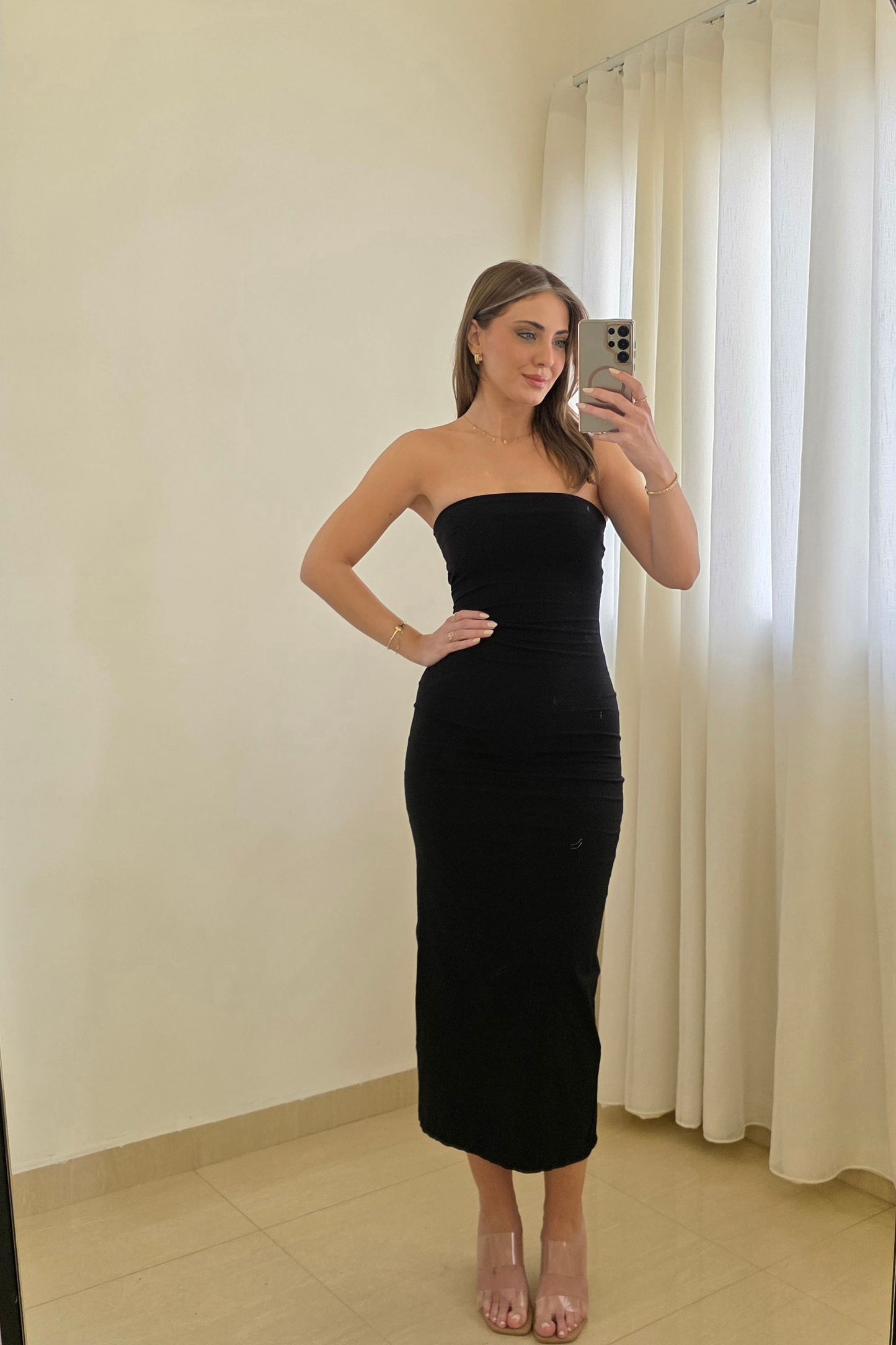 Kaia Strapless Midi Dress – Black