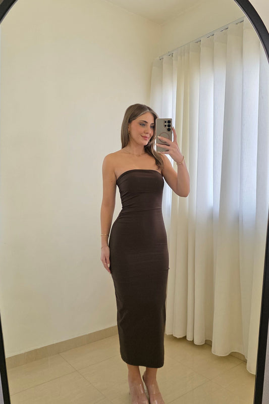 Kaia Strapless Midi Dress – Brown