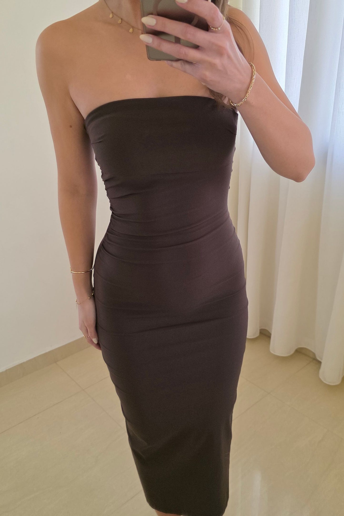 Kaia Strapless Midi Dress – Brown