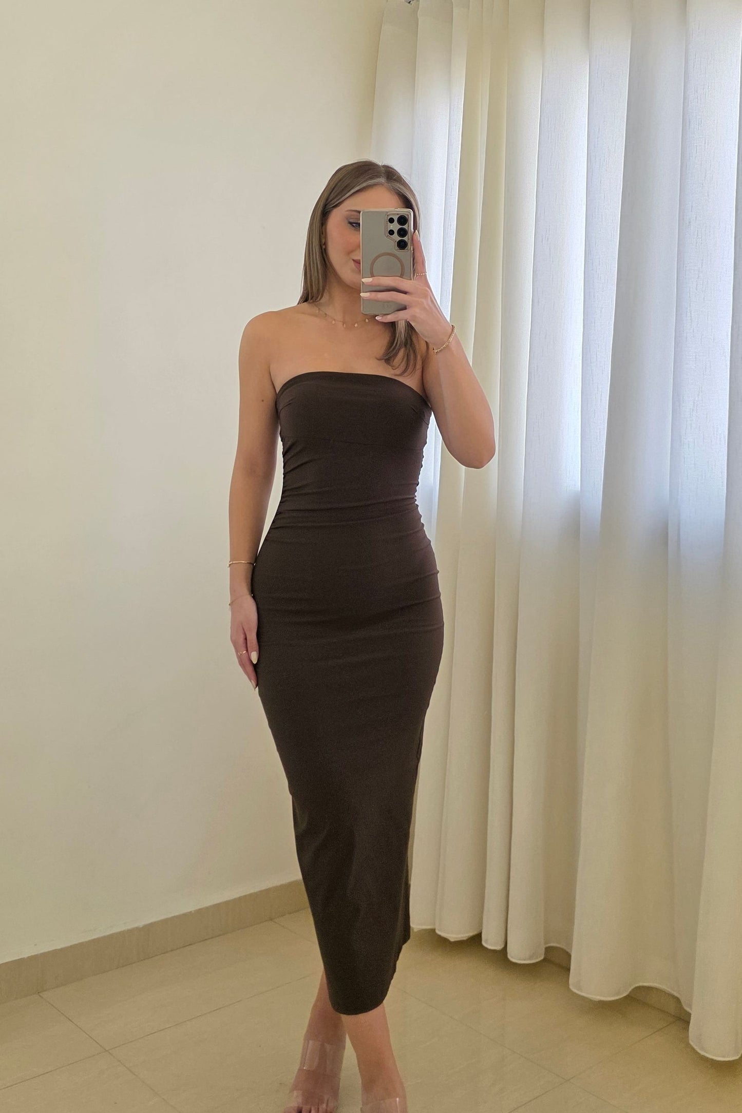 Kaia Strapless Midi Dress – Brown