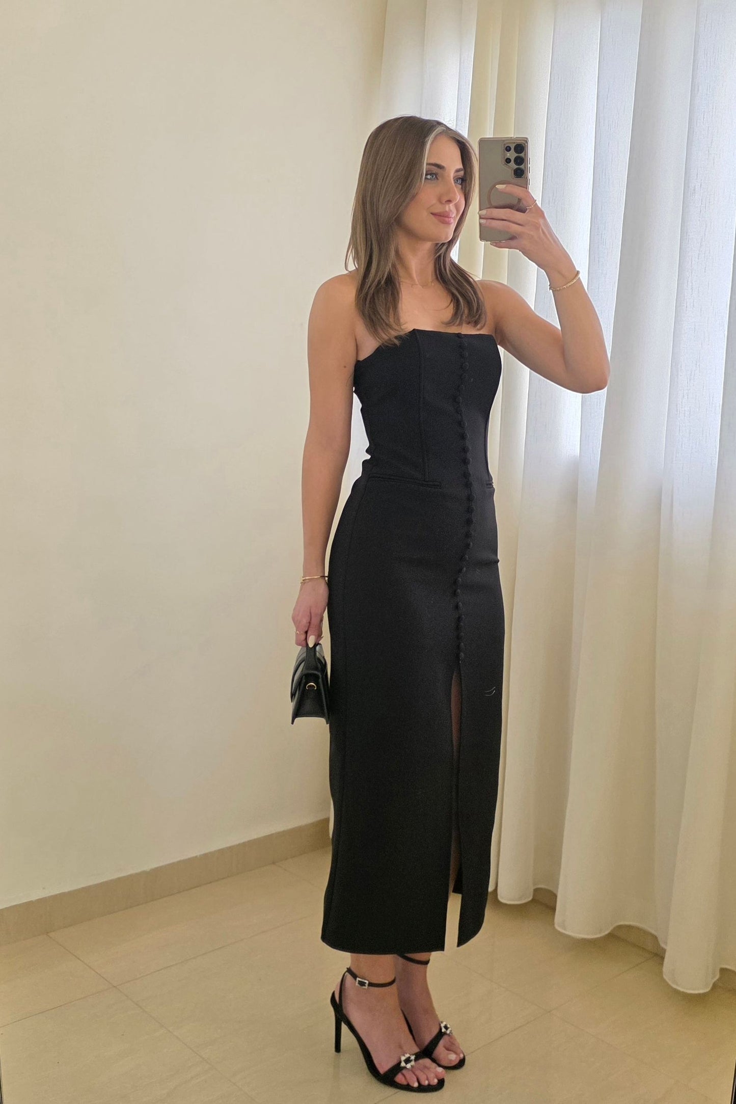 Amy Strapless Midi Dress – Black
