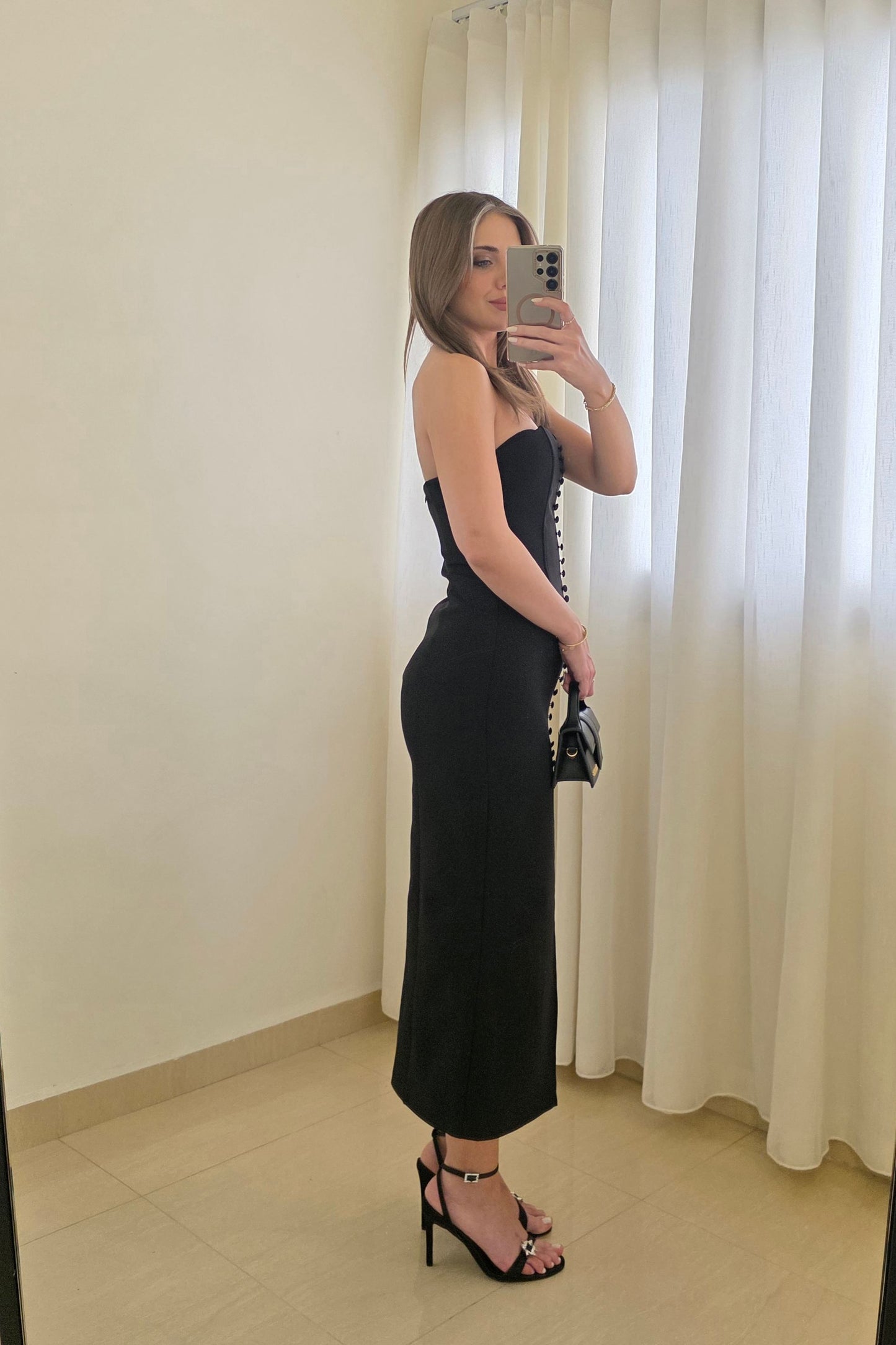 Amy Strapless Midi Dress – Black