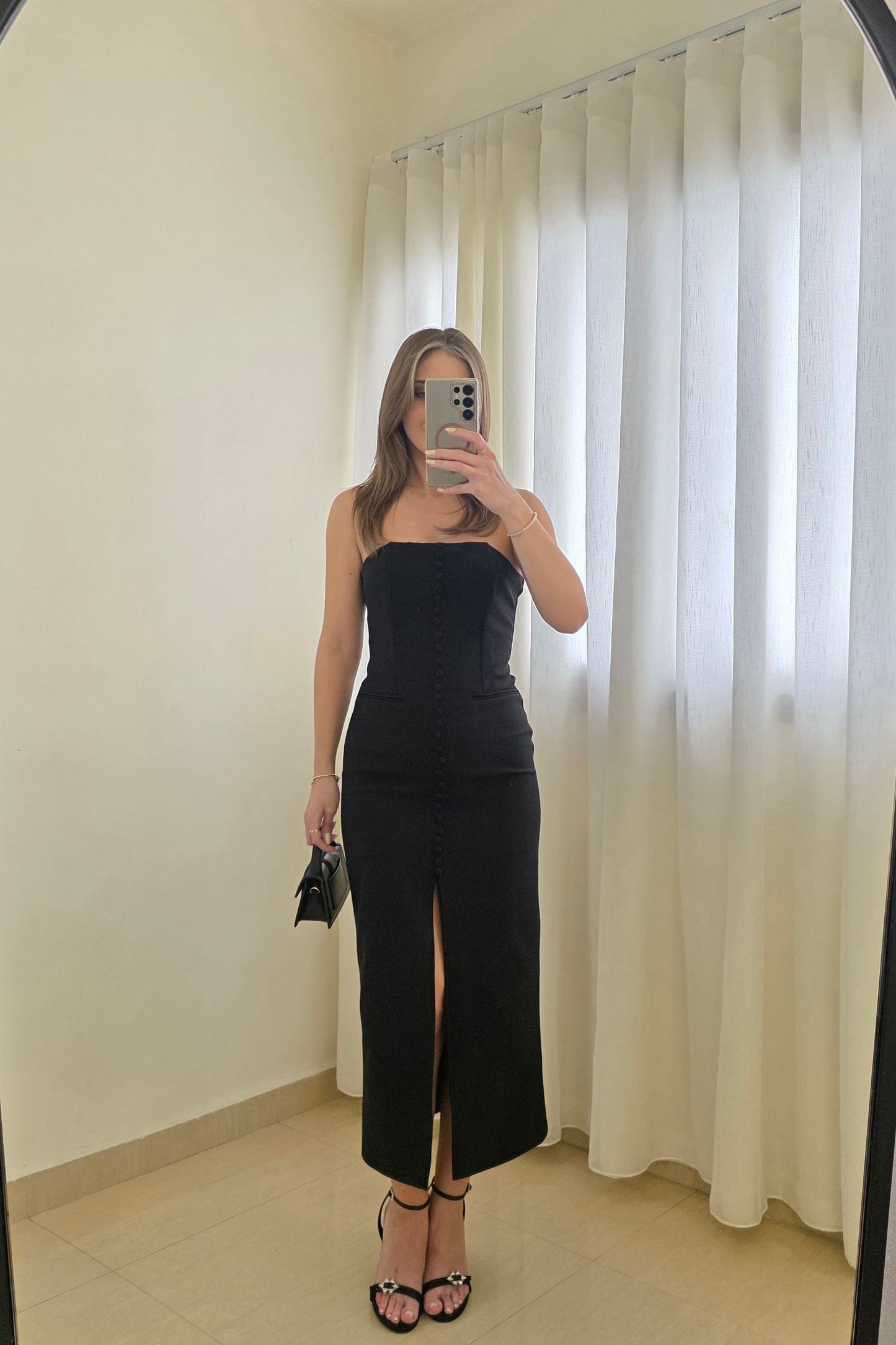 Amy Strapless Midi Dress – Black