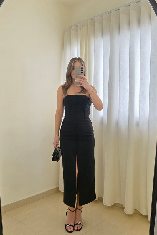 Amy Strapless Midi Dress – Black