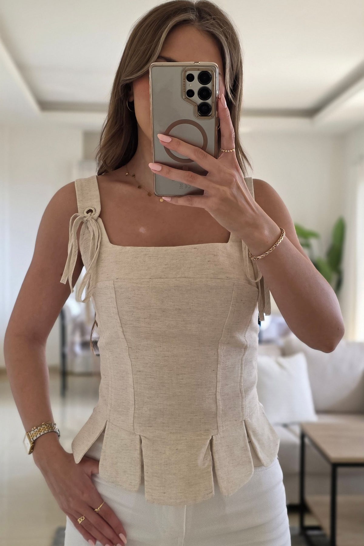 Aveline Linen Top – Beige