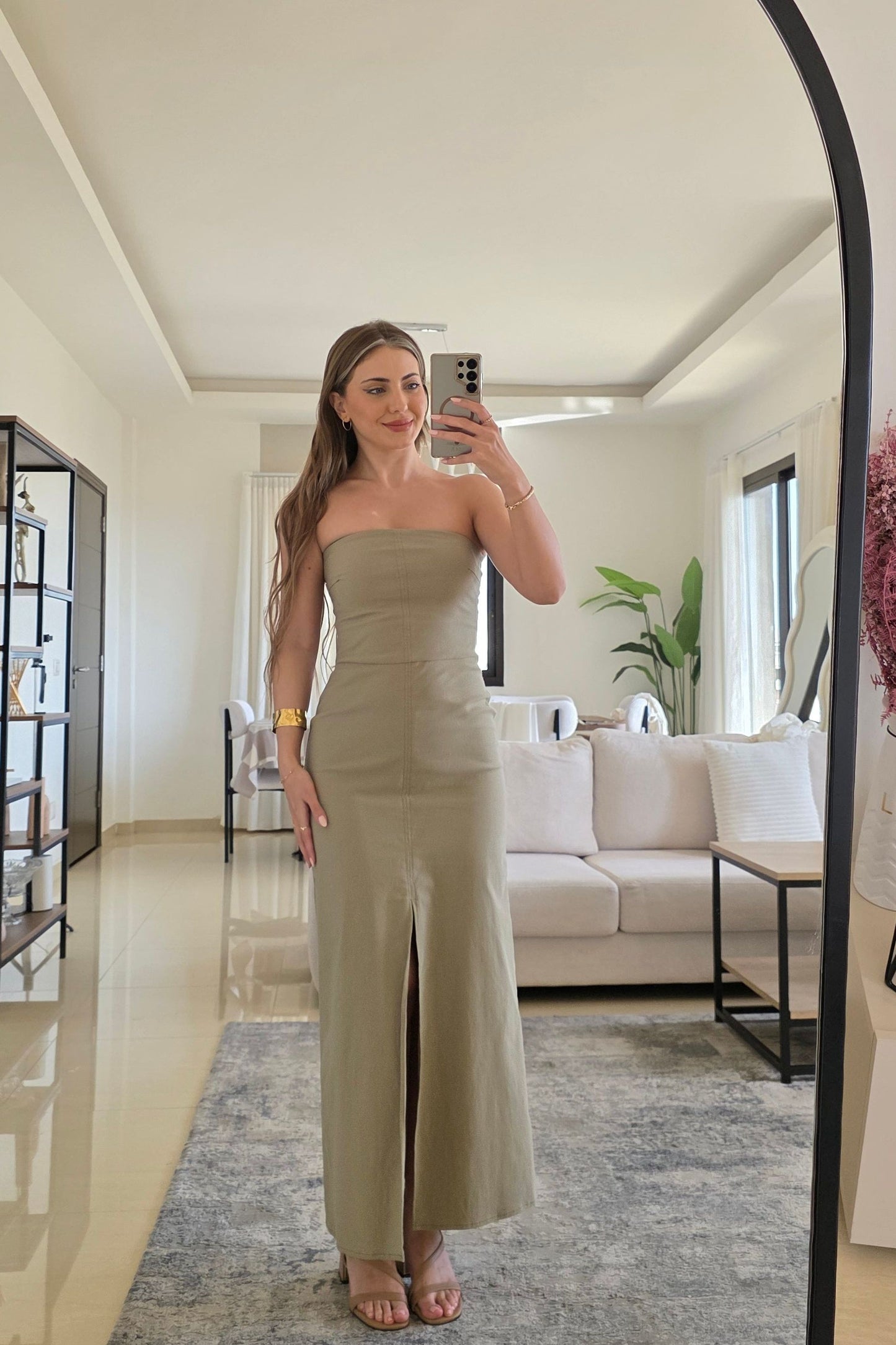 Bianca Strapless Midi Dress – Olive Green