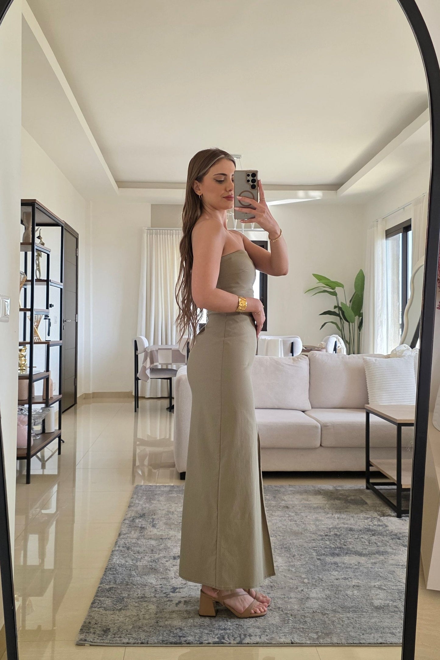 Bianca Strapless Midi Dress – Olive Green