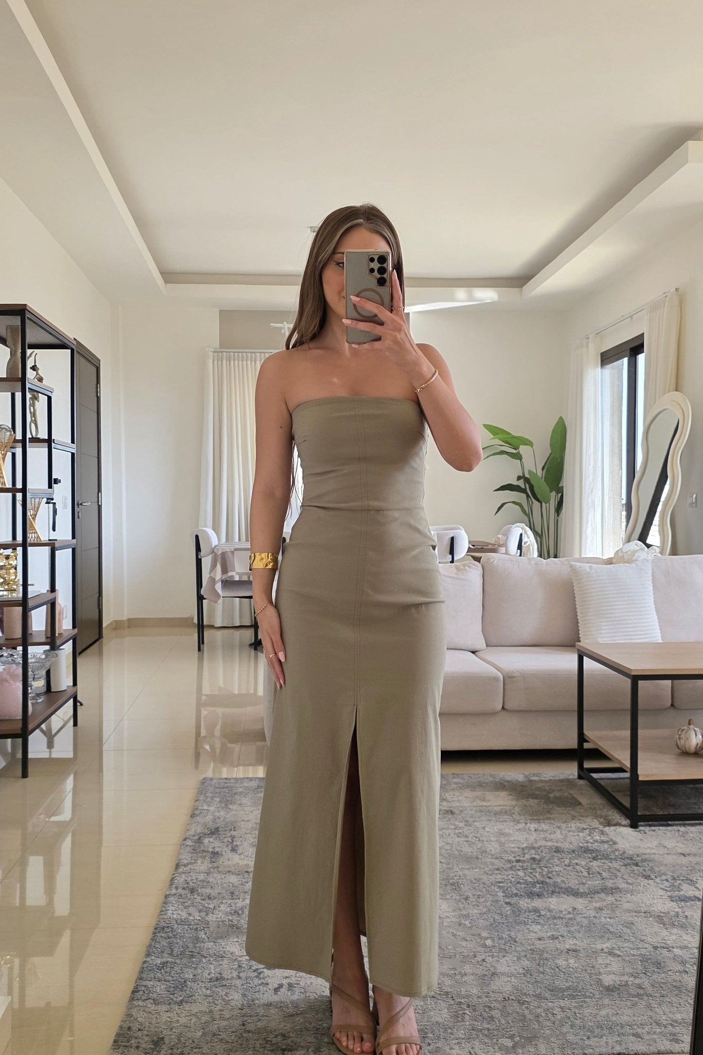 Bianca Strapless Midi Dress – Olive Green