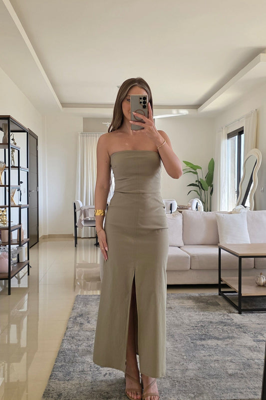 Bianca Strapless Midi Dress – Olive Green