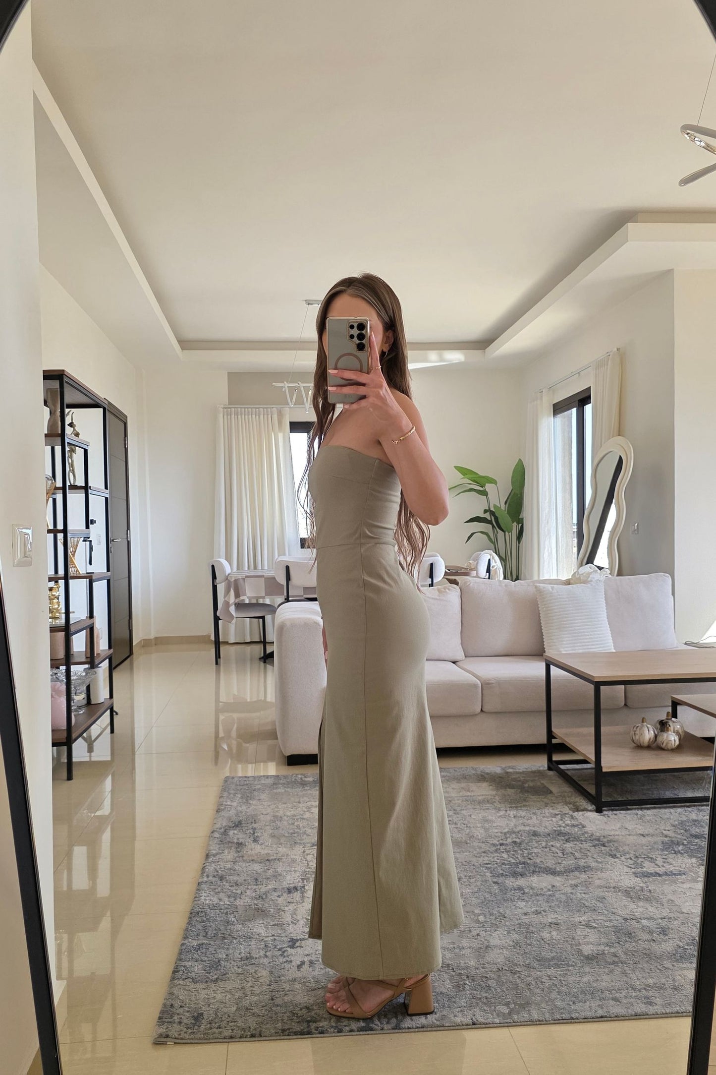 Bianca Strapless Midi Dress – Olive Green