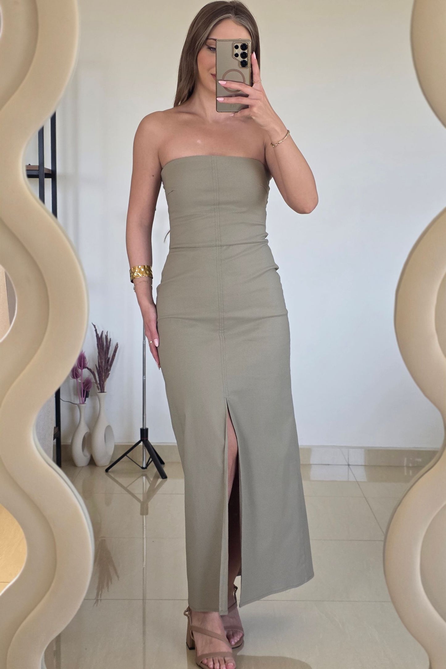 Bianca Strapless Midi Dress – Olive Green