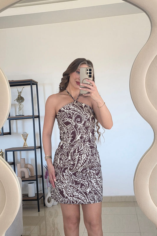 Vivian Mini Dress – Brown Print