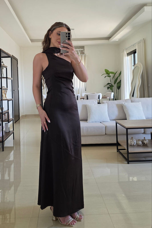 Aurelia Satin Maxi Dress – Brown