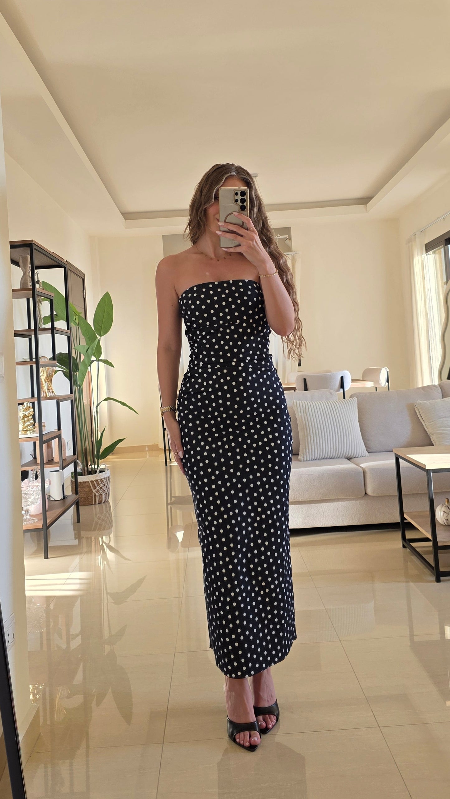 Daphne Denim Polka Dots Midi Dress