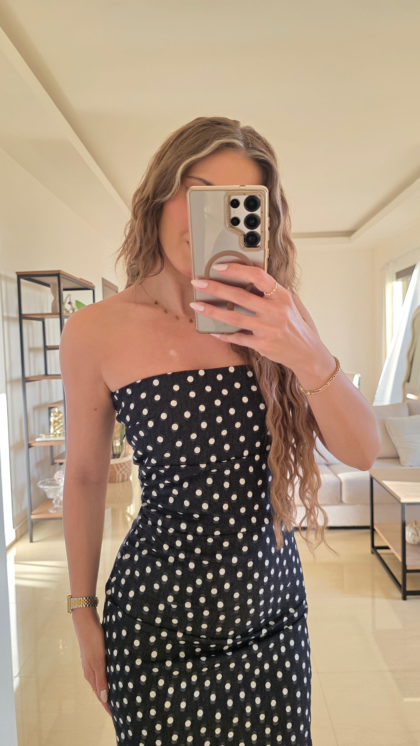 Daphne Denim Polka Dots Midi Dress