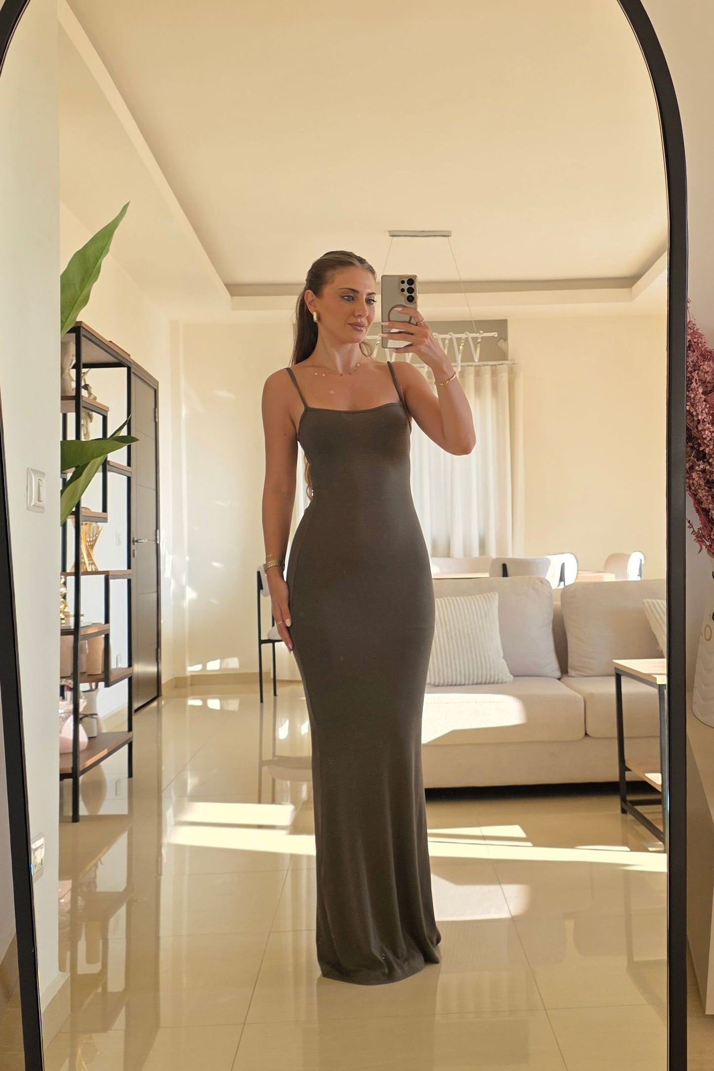 Sasha Ribbed Strappy Maxi Dress – Olive