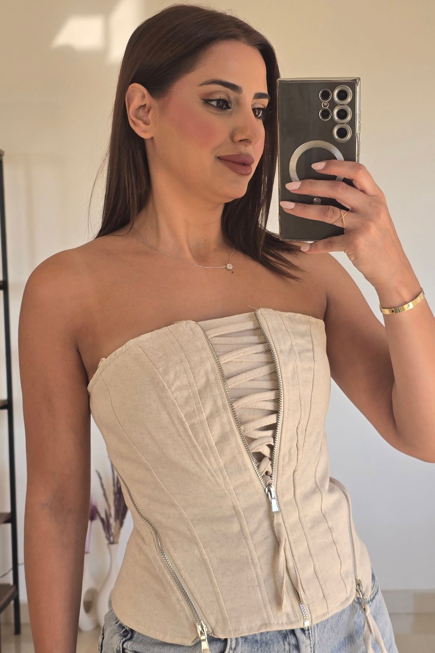 Nadia Lace-Up Corset Top – Beige