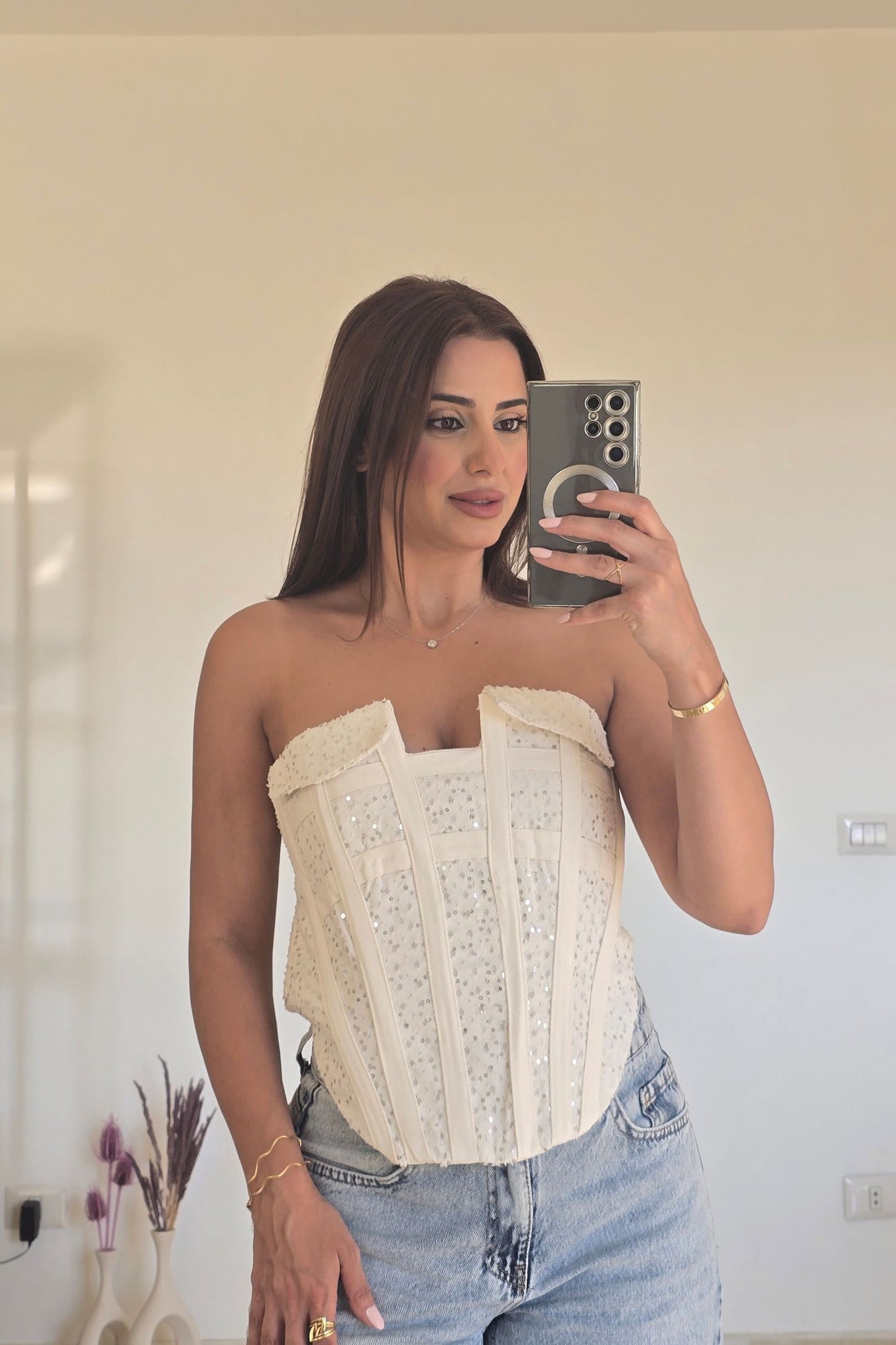 Ella Sequin Corset Top – Cream
