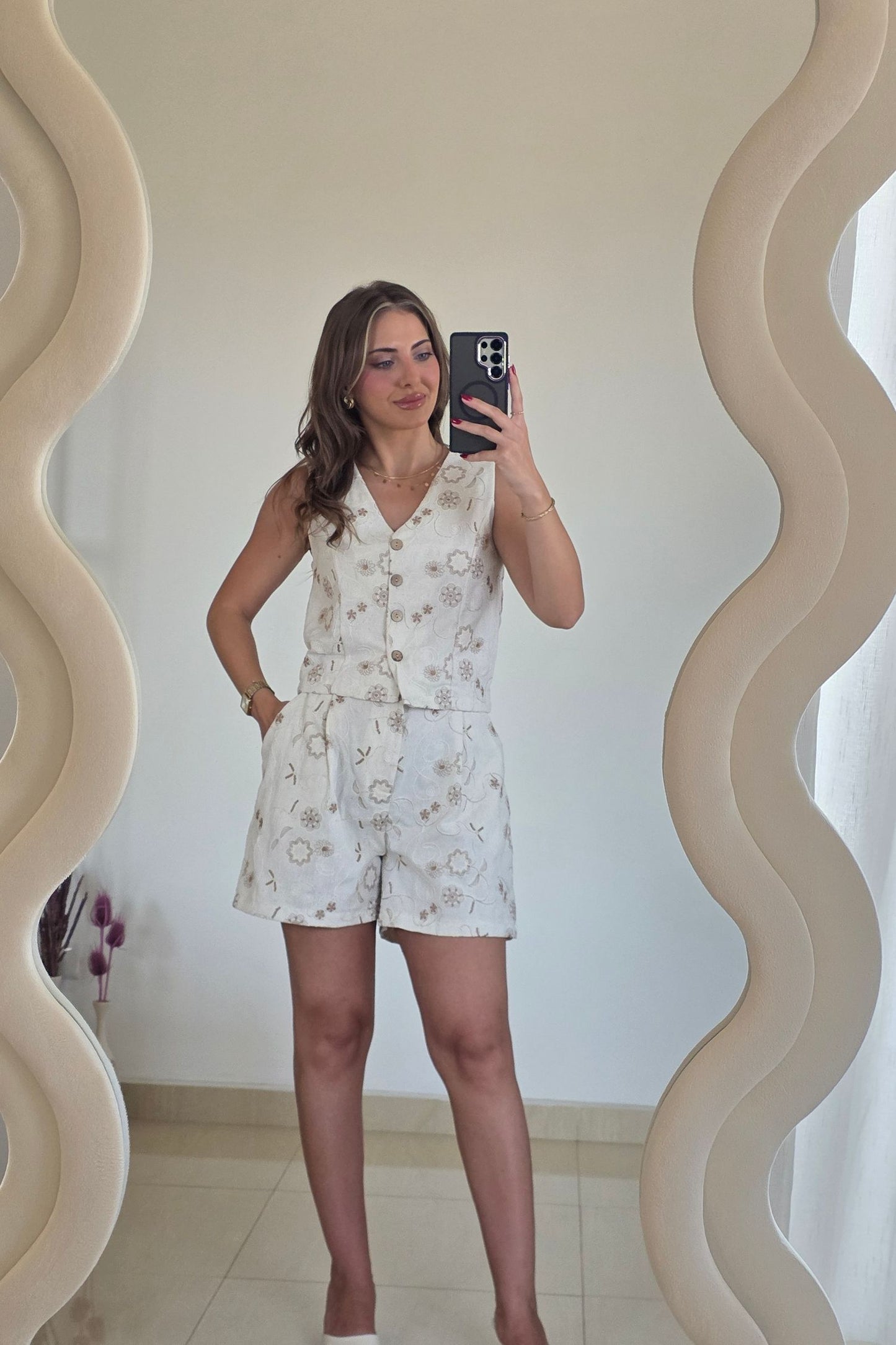 Camila Embroidered Vest Set – Cream