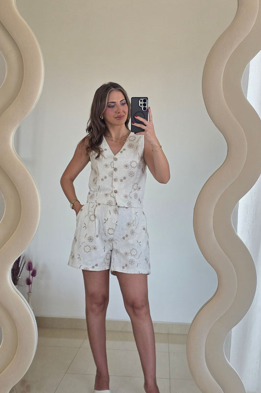 Camila Embroidered Vest Set – Cream