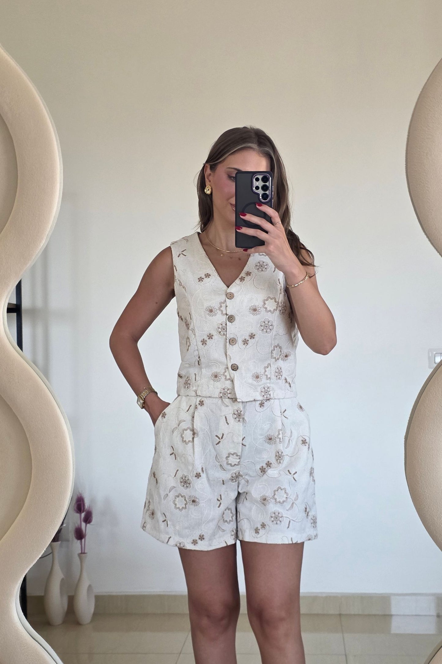 Camila Embroidered Vest Set – Cream