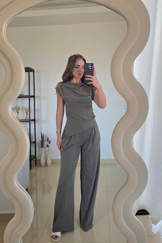 Adriana Draped Two-Piece Set – Olive Grey