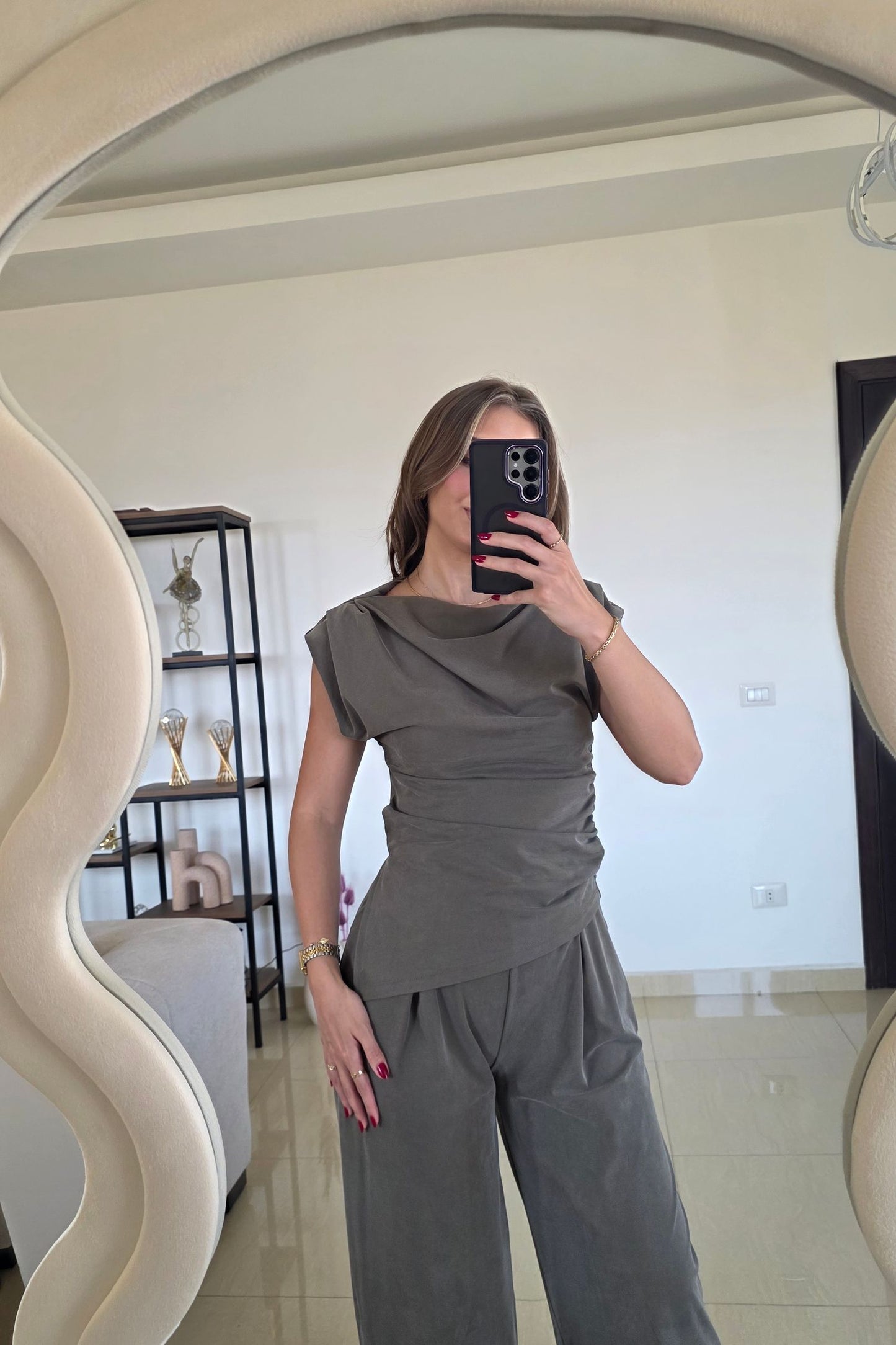 Adriana Draped Two-Piece Set – Olive Grey