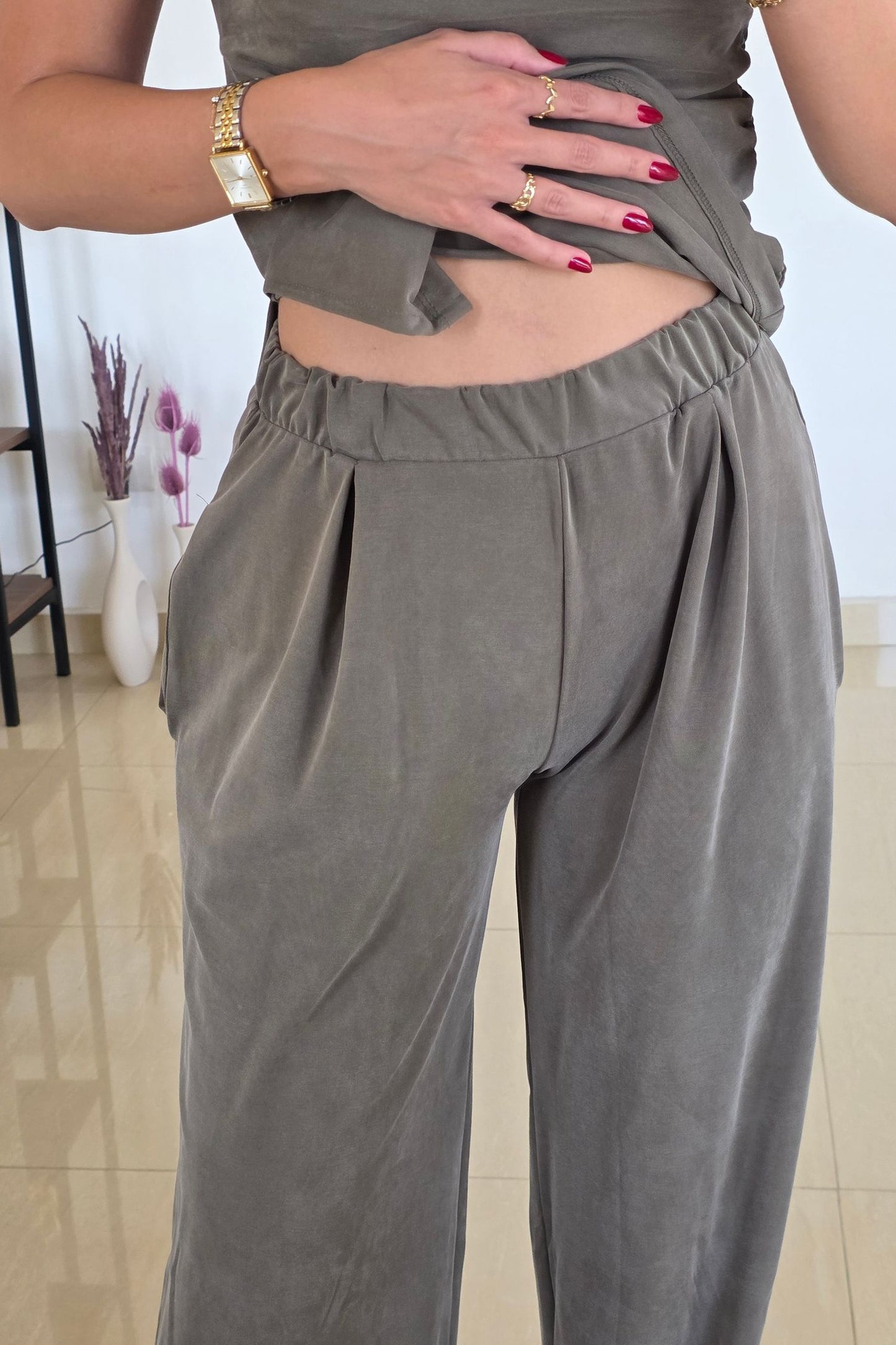 Adriana Draped Two-Piece Set – Olive Grey